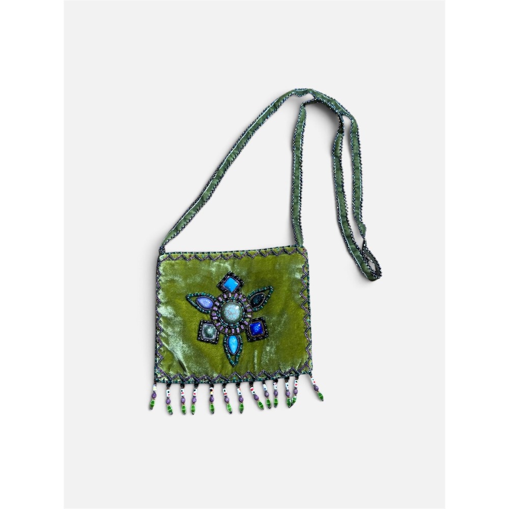 Vintage Y2K Silk Velvet Beaded Crossbody Bag Olive Green Jeweled Boho Fringe